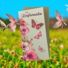 Konfirmasjonskort dobbelt med konvolutt, Stort, Blomster og sommerfugler med pålimte effekter thumbnail
