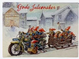 Julekort enkelt Nisser på motorsykkel og slede