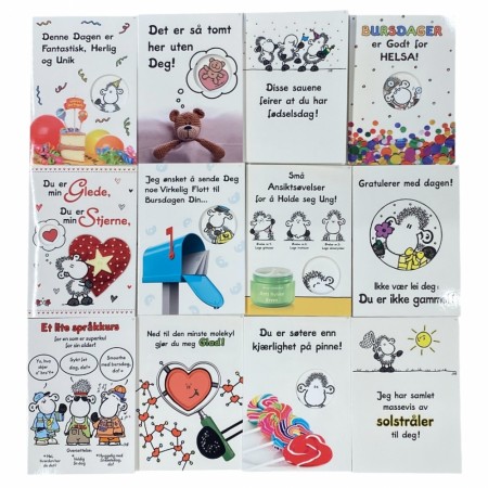 Humorkort doble med konvolutt 12 pk. Beste pris kr. 36,- v/96 stk