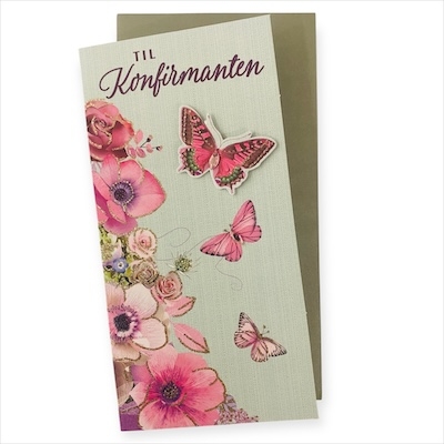 Konfirmasjonskort dobbelt med konvolutt, Stort, Blomster og sommerfugler med pålimte effekter