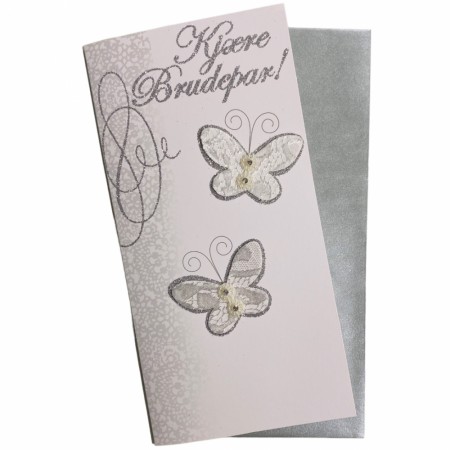 Bryllupskort dobbelt med konvolutt, flotte pålimte detaljer, Sommerfugler